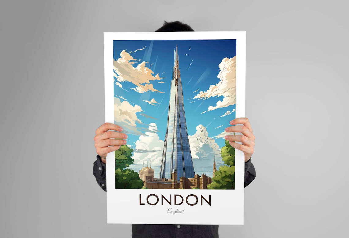London England The Shard Glass Tower Blue Sky City Travel Poster - Image 3