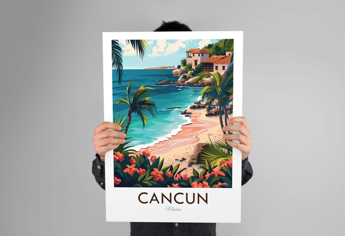 Cancun Mexico Cliffside Resort Cove Palms And Hibiscus Beach Travel Poster - Image 3