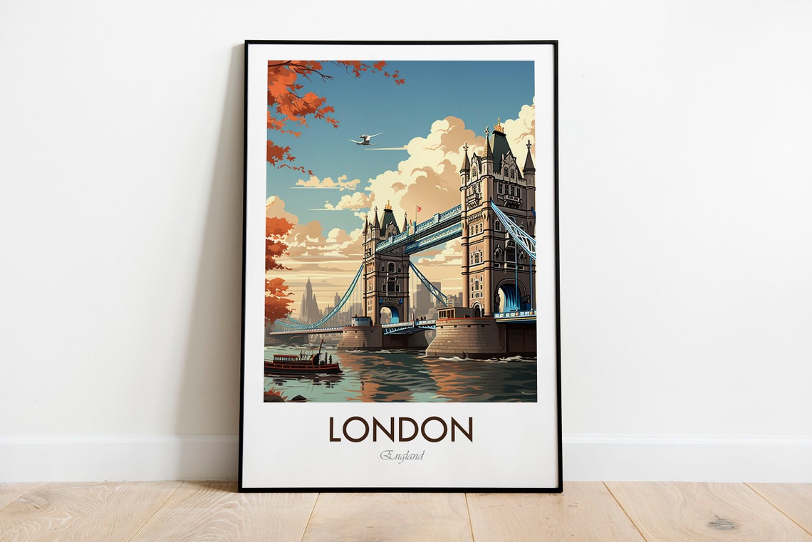 London Tower Bridge River Thames Vintage Illustration Travel Poster