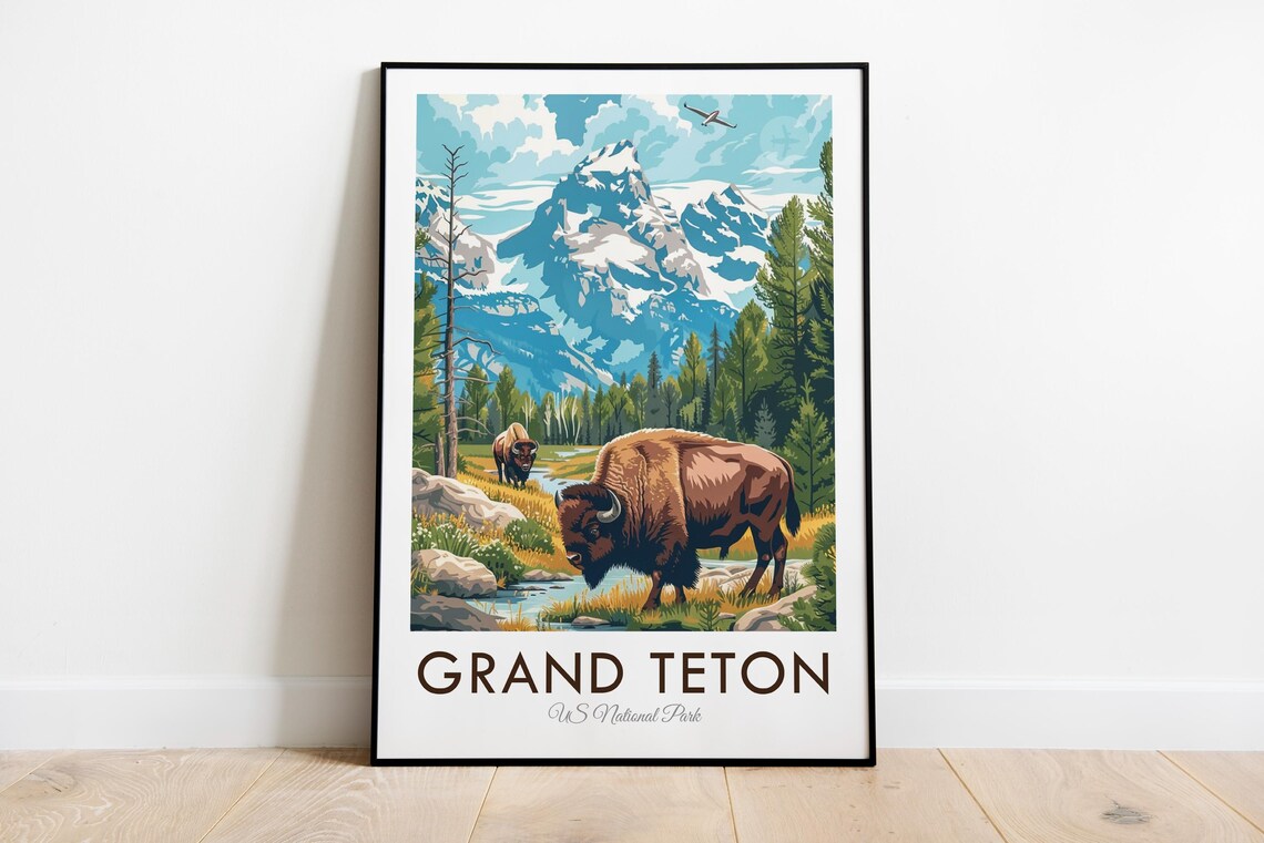 Grand Teton National Park Bison Snow Peaks Vintage Travel Poster