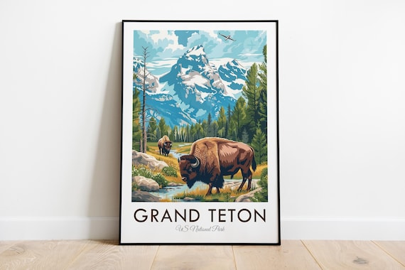 Grand Teton National Park Bison Snow Peaks Vintage Travel Poster