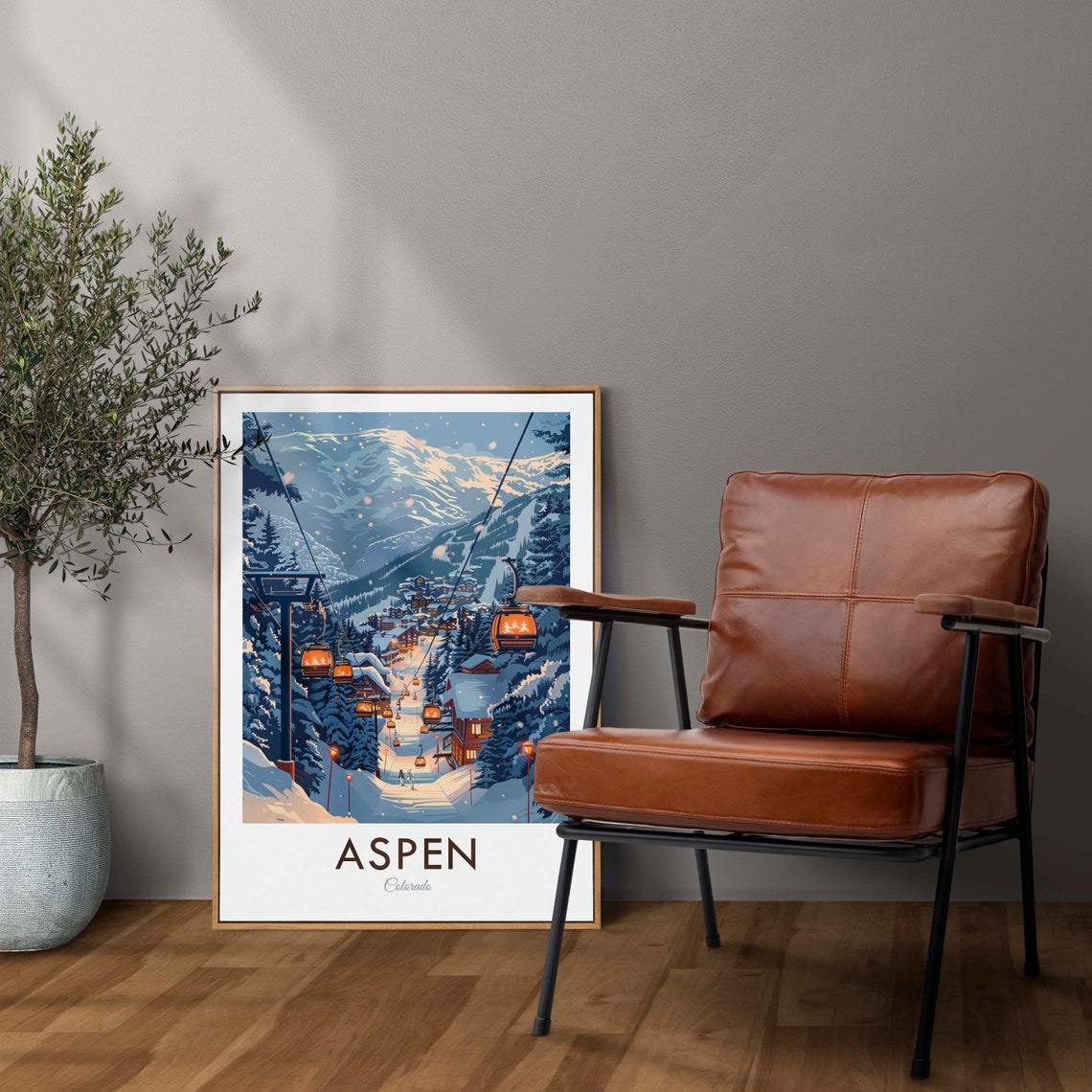 Aspen Colorado Gondola Lift Snowy Village Evening Lights Poster