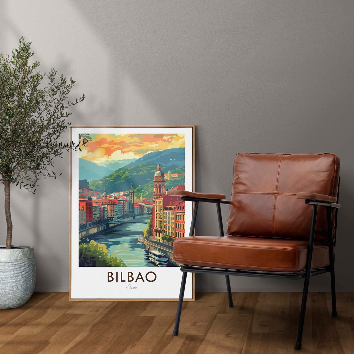 Bilbao Spain Vintage Riverside Old Town Skyline Travel Art Poster - Image 2