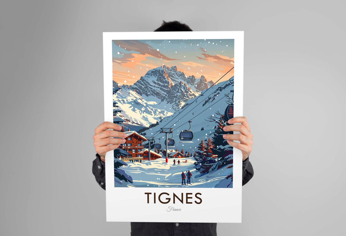 Tignes France Alpine Ski Resort Winter Sunset Gondola Snow Poster - Image 3