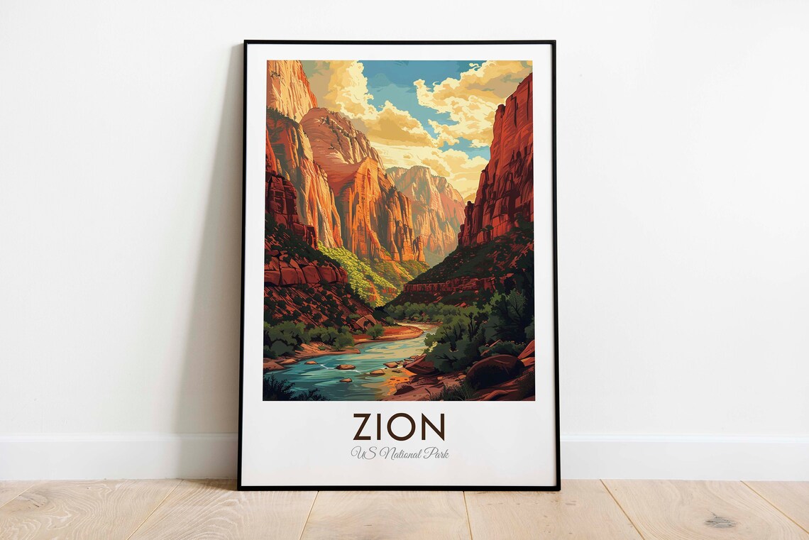 Zion National Park Red Canyon Walls River Bend Golden Light Travel Poster
