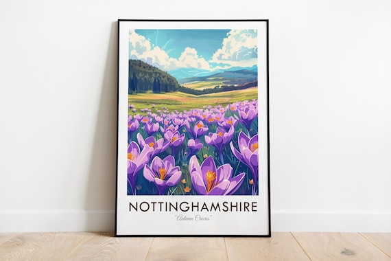 Nottinghamshire Autumn Crocus Purple Wildflower Meadow Travel Poster
