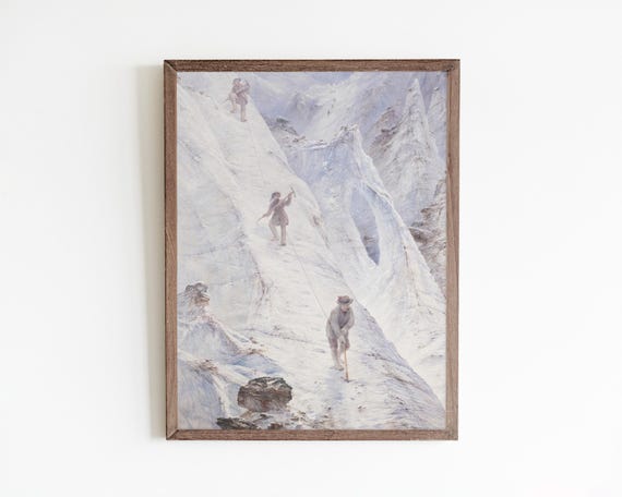 Vintage Winter Mountain Scene Snowy Mountain Landscape Painting Rustic Winter Decor For Home Cabin Wall Art