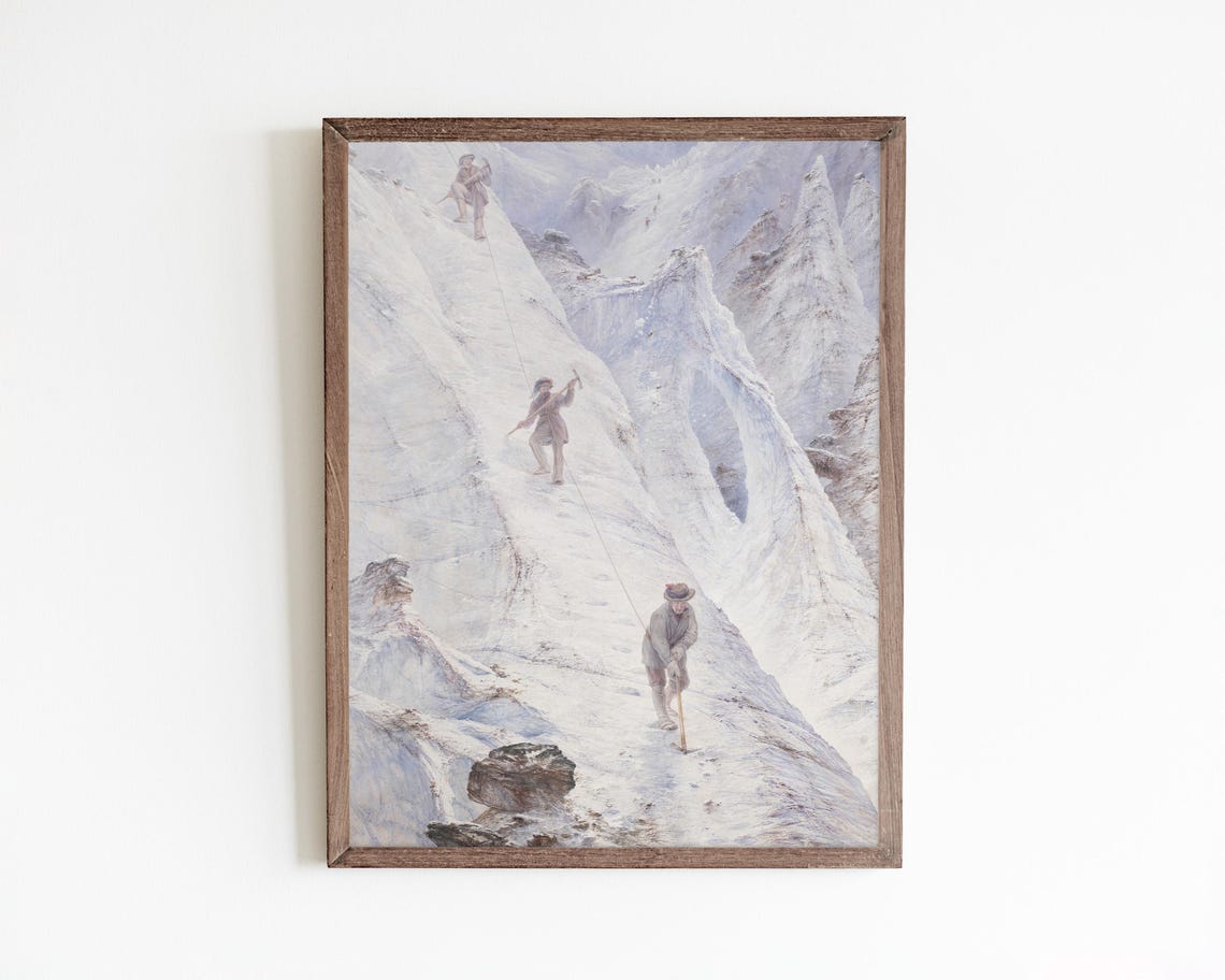 Vintage Winter Mountain Scene Snowy Mountain Landscape Painting Rustic Winter Decor For Home Cabin Wall Art