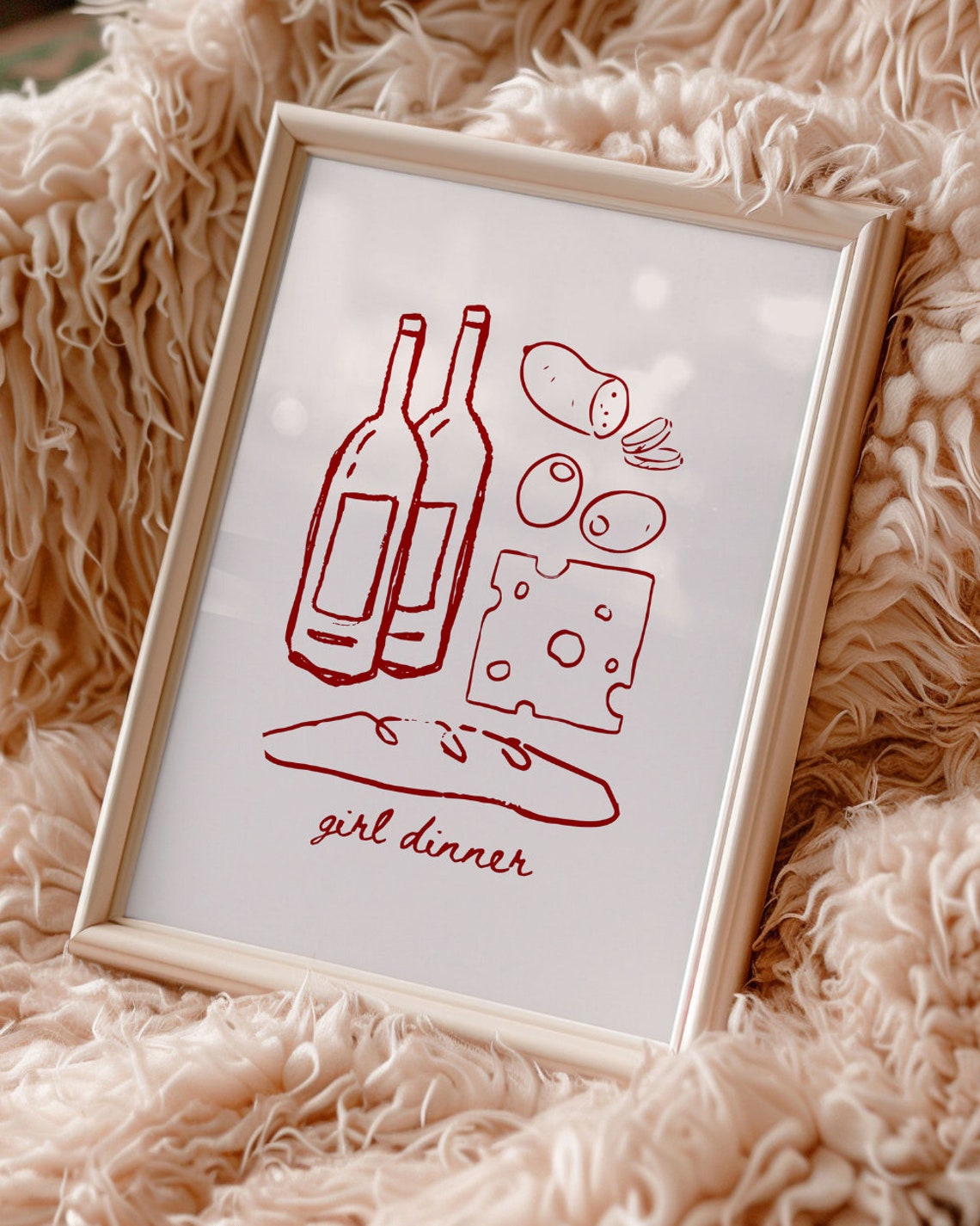 Girl Dinner Red Line Art Wine Bottles Cheese Kitchen Wall Poster