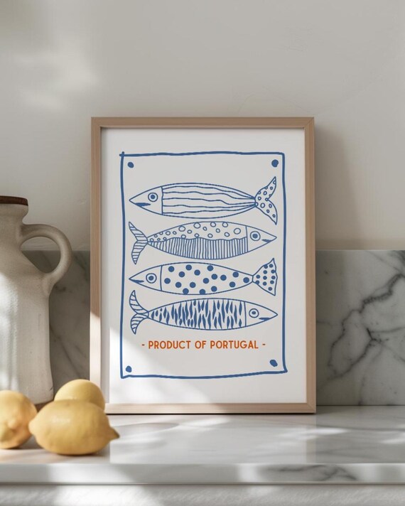 Patterned Blue Sardines White Portugal Coastal Kitchen Decor Poster