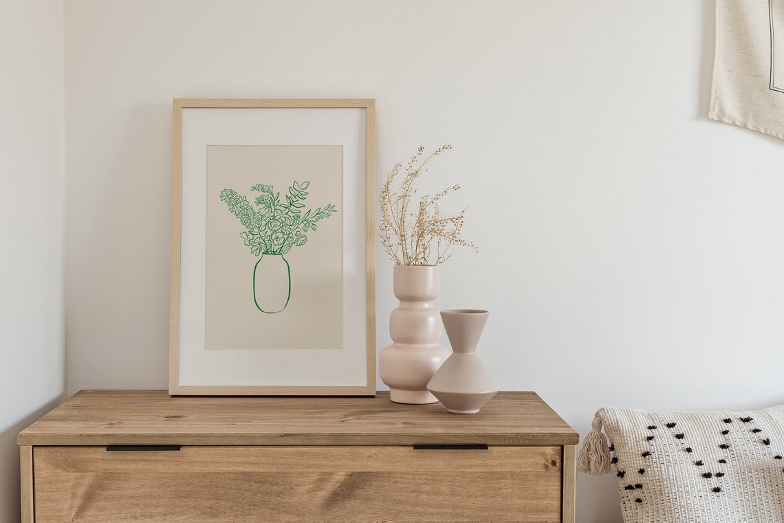 Flower Vase Ink Line Drawing Green Botanical Minimal Decor Poster - Image 2