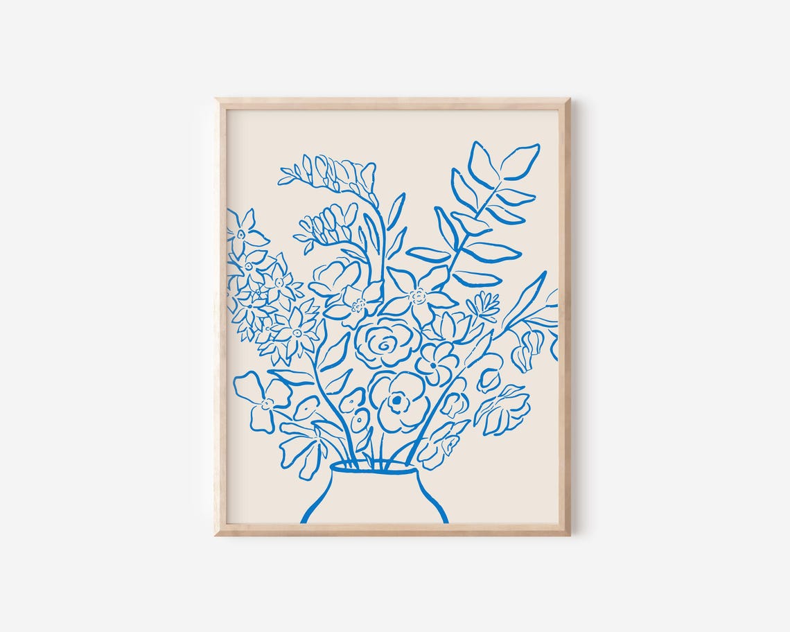 Blue Flower Bouquet Vase Line Art Minimalist Botanical Poster