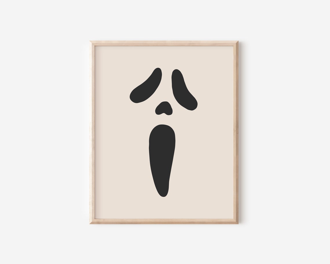Screaming Ghost Face Minimal Black Beige Spooky Halloween Wall Art - Image 2
