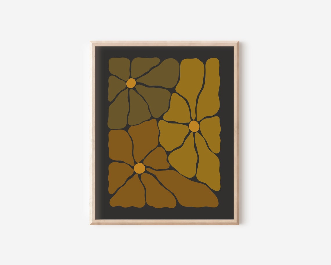 Retro Groovy Flower Trio Autumn Bloom Charcoal Botanical Wall Art - Image 2