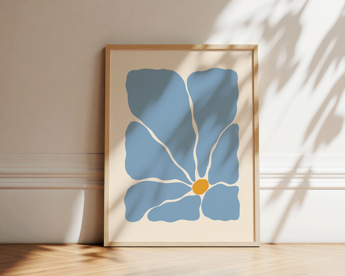 Abstract Blue Flower Yellow Center Minimalist Botanical Wall Decor Poster