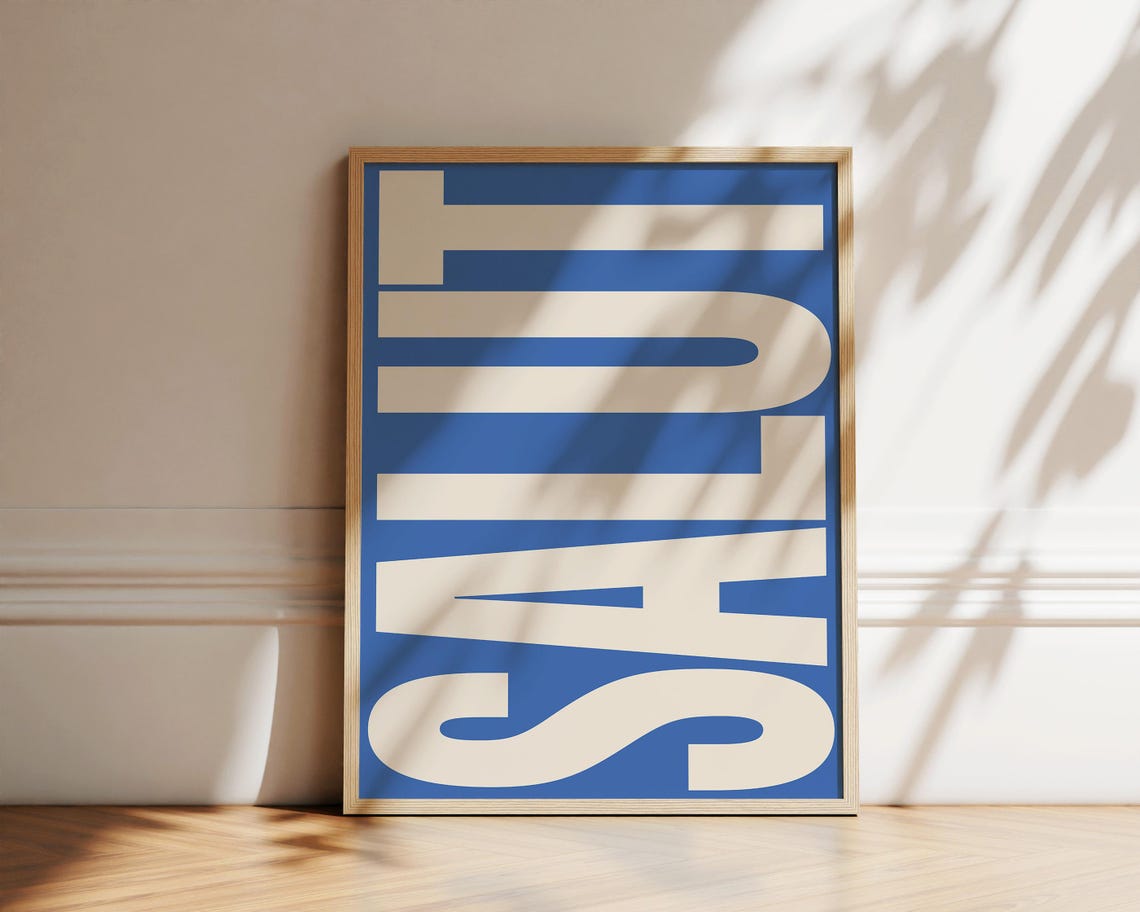 Salut Bold Cream on Blue French Greeting Typography Wall Decor Poster