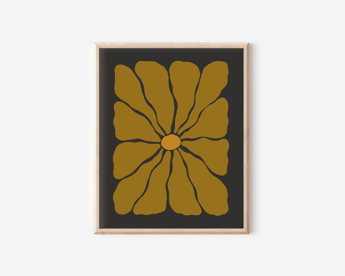 Retro Autumn Flower Illustration Olive Black Groovy Floral Poster - Image 2