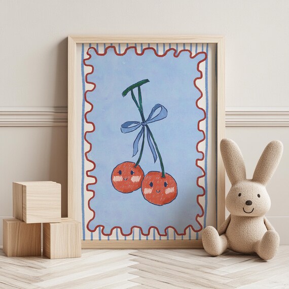 Handdrawn Smiling Cherry Pair Blue Bow Scalloped Nursery Print