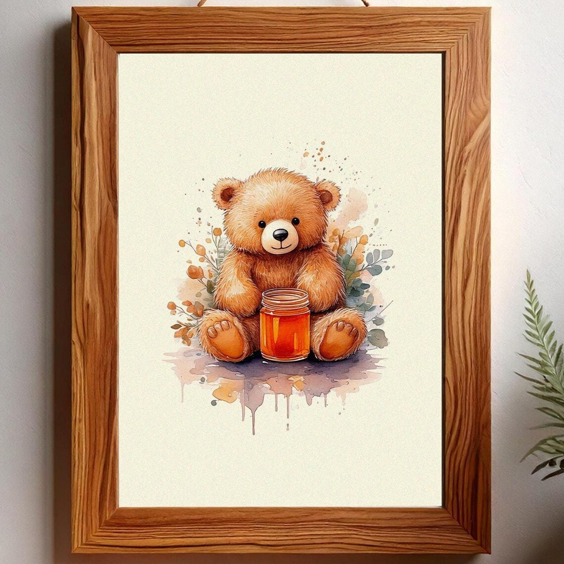 Sweet Teddy Bear Holding Honey Jar Watercolor Nursery Poster