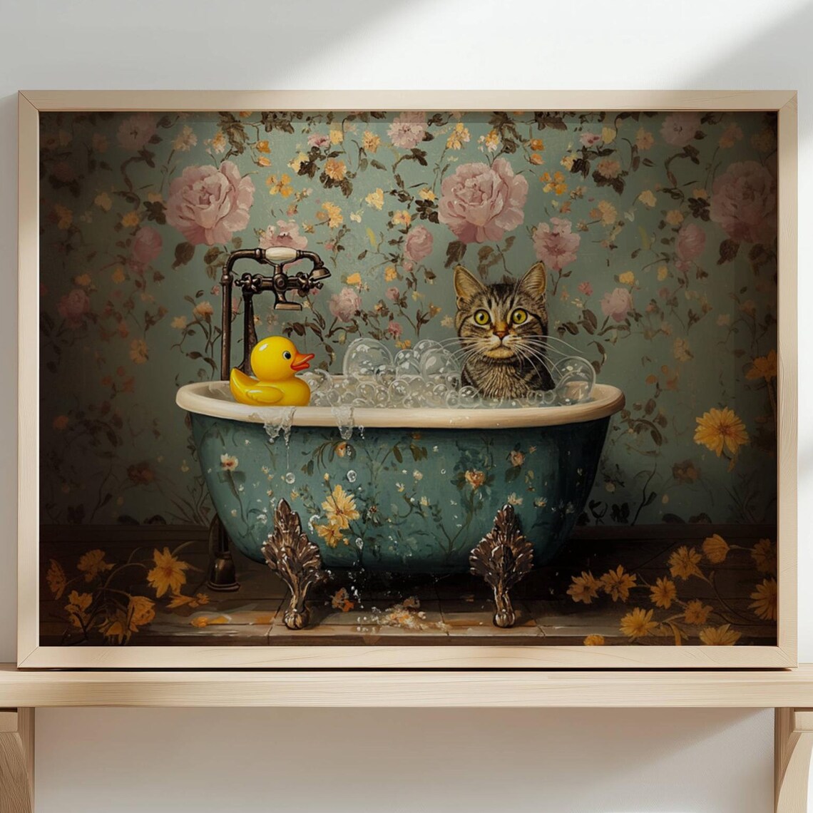 Gray Tabby Cat With Rubber Duck, Bathroom Art Print - Image 7
