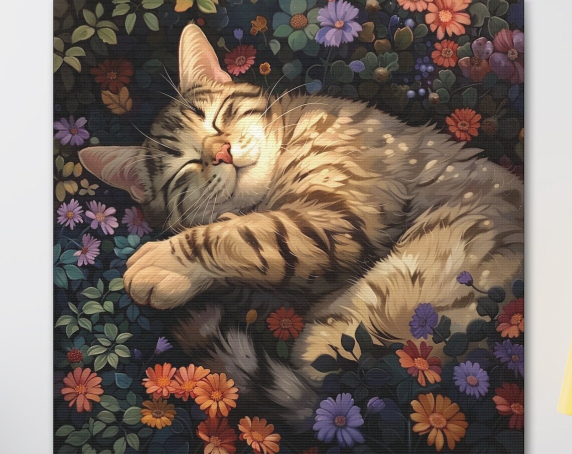 Tabby Cat Sleeping in a Colorful Summer Wildflower Bed Poster