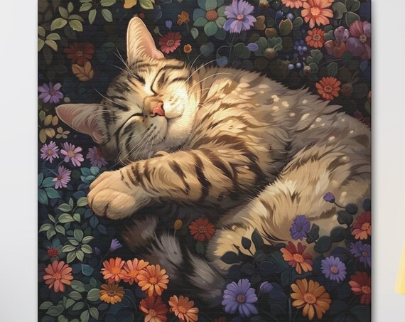 Tabby Cat Sleeping in a Colorful Summer Wildflower Bed Poster