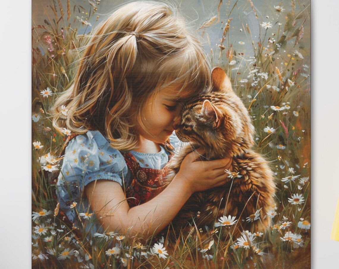 Young Girl Hugging Tabby Kitten in Daisy Meadow Painting Poster