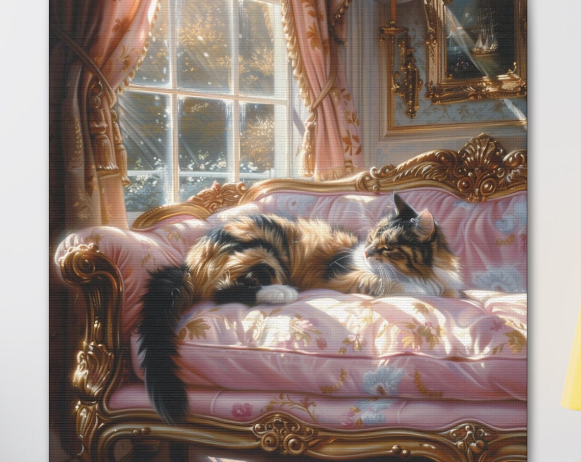 Long Haired Calico Cat Reclining on a Pink Victorian Sofa Poster