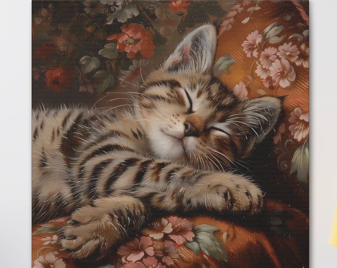 Sleeping Tabby Kitten on Rust Floral Cushion Oil Painting Poster