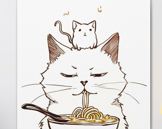 Minimalist White Cat Slurping Ramen Noodles Cute Line Art Poster