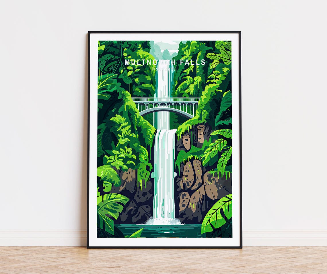 Multnomah Falls Portland Emerald Forest Waterfall Scene Poster