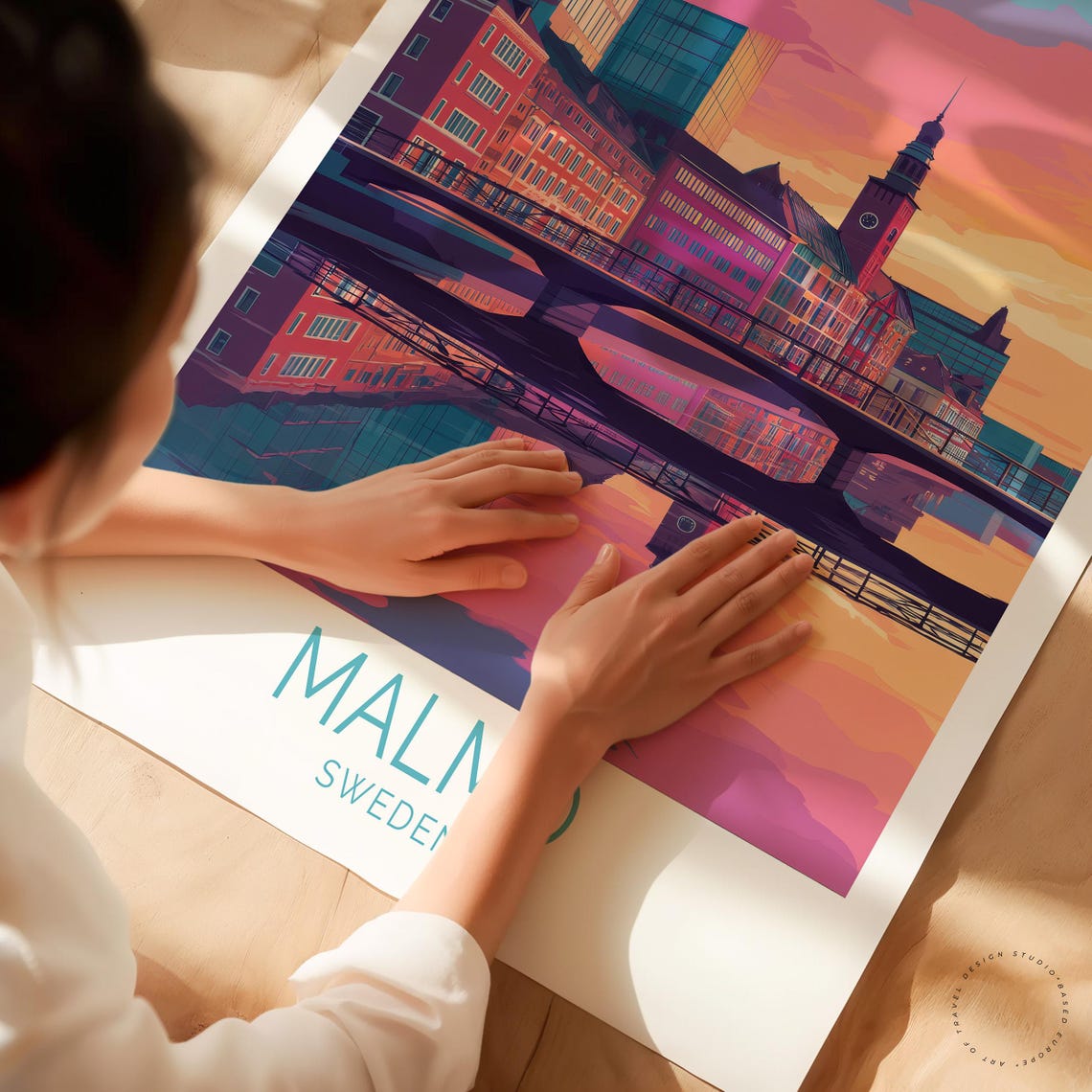 Malmo Sweden Sunset Skyline River Bridge Reflection Travel Poster - Image 3