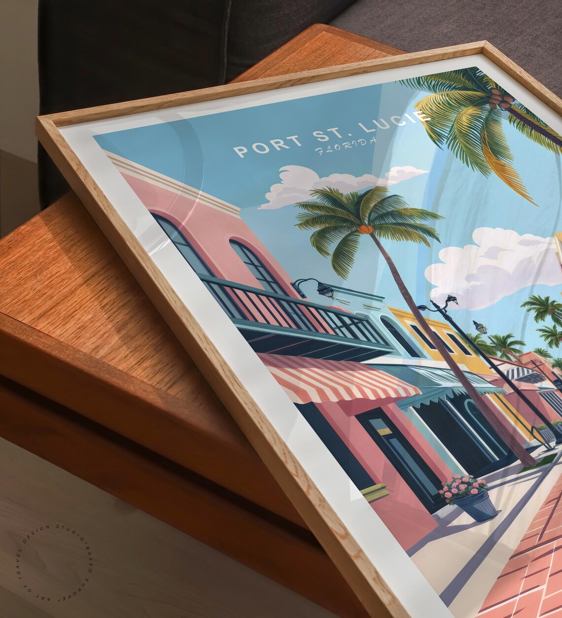 Port St Lucie Florida Pastel Shopfront Street Palms Brick Road Poster - Image 6
