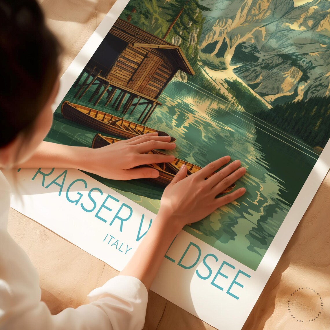 Pragser Wildsee Italy Rowboats Sunset Lake Vintage Travel Poster - Image 3