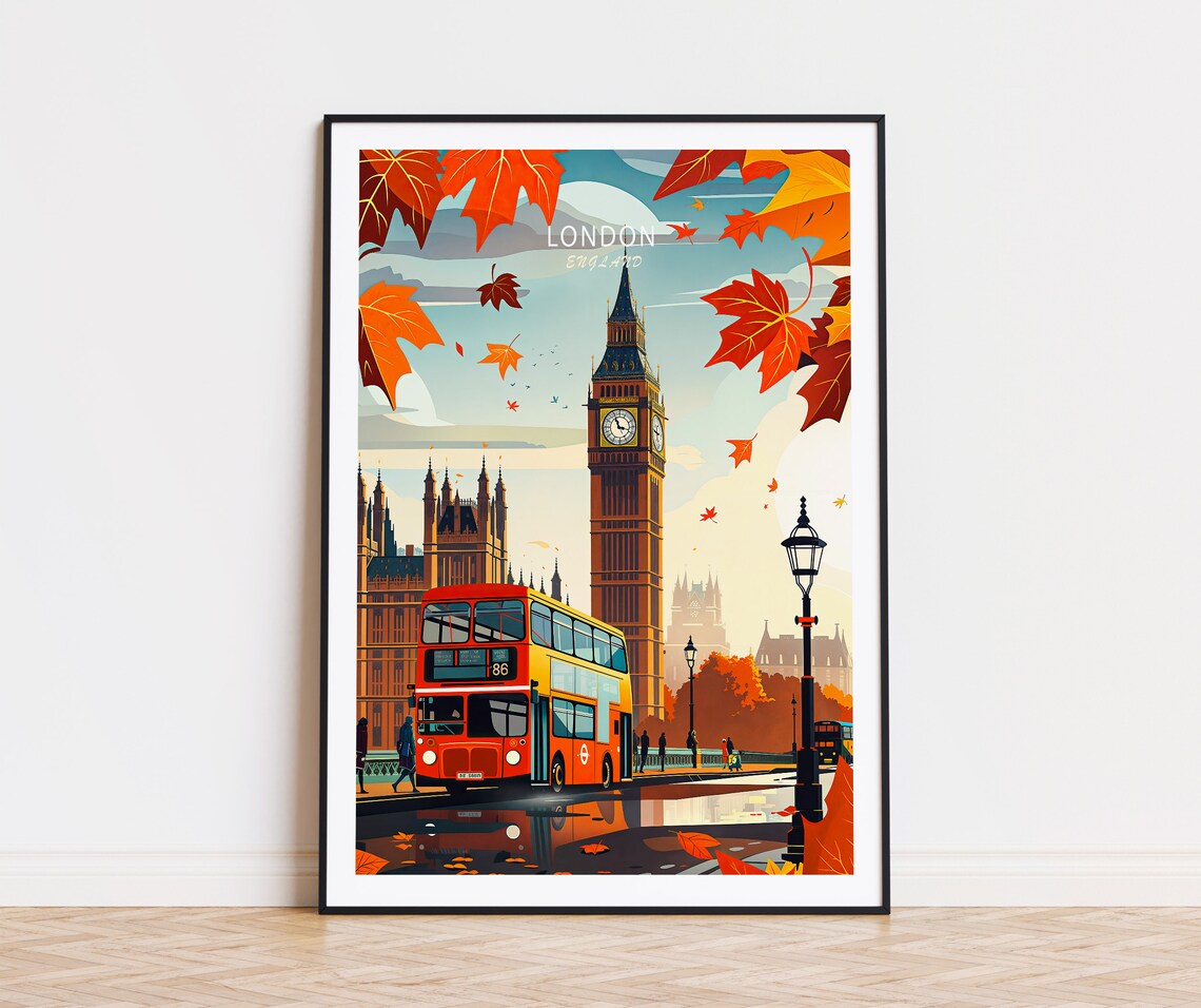 London Big Ben Red Double Decker Bus Autumn Leaves Travel Poster