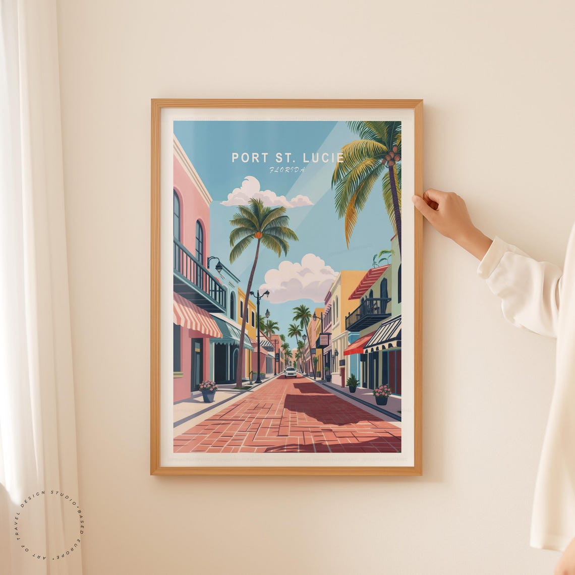 Port St Lucie Florida Pastel Shopfront Street Palms Brick Road Poster - Image 5