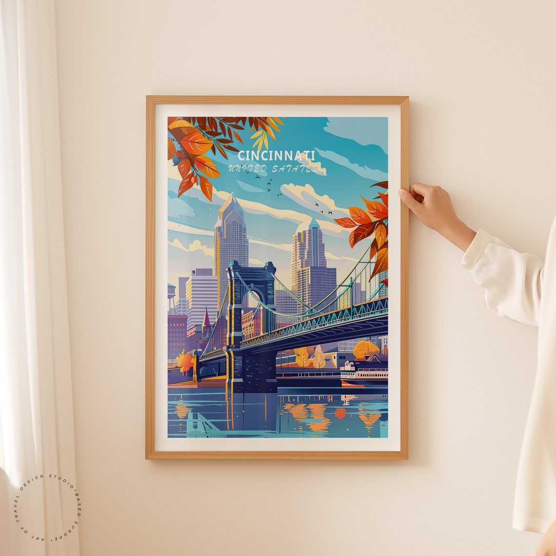 Cincinnati Ohio Roebling Bridge Autumn Skyline Travel Poster - Image 2