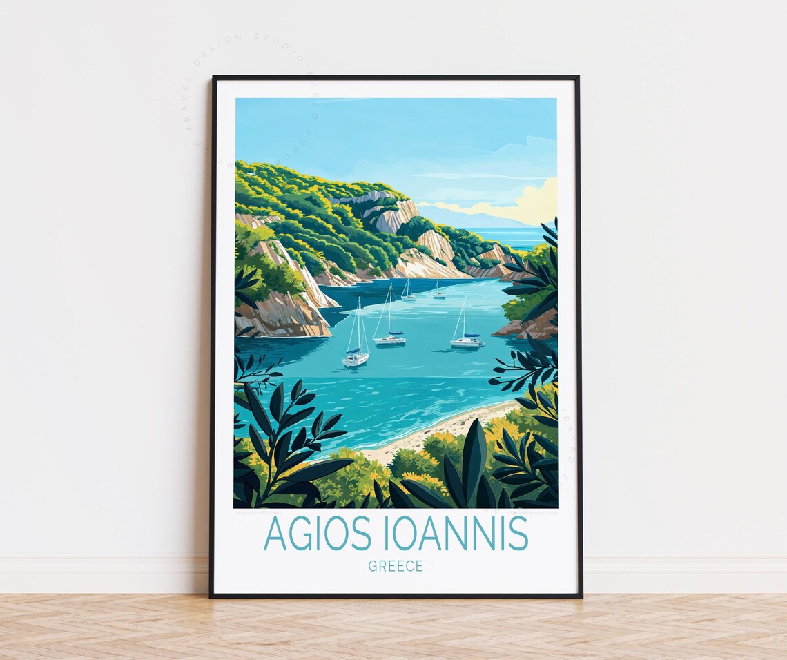 Agios Ioannis Greece Coastal Turquoise Bay Sailboats Travel Poster