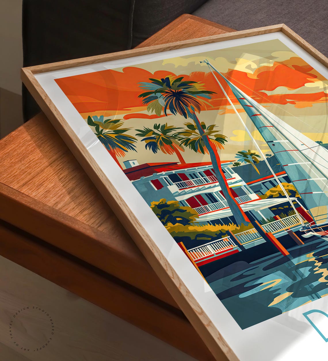 Dana Point Harbor Sailboat Sunset Palm Trees Coastline Poster - Image 3