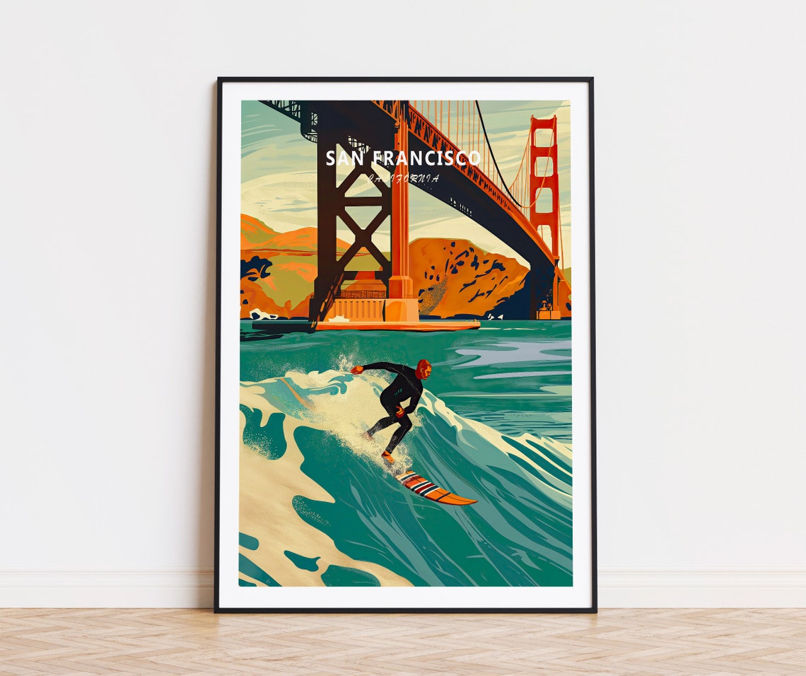 San Francisco Golden Gate Bridge Surfer Vintage Travel Poster