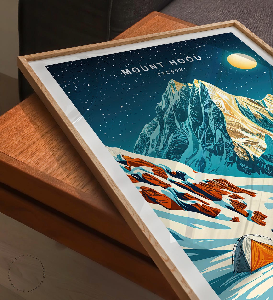 Mount Hood Oregon Moonlit Night Camp Among Snowy Peaks Poster - Image 3