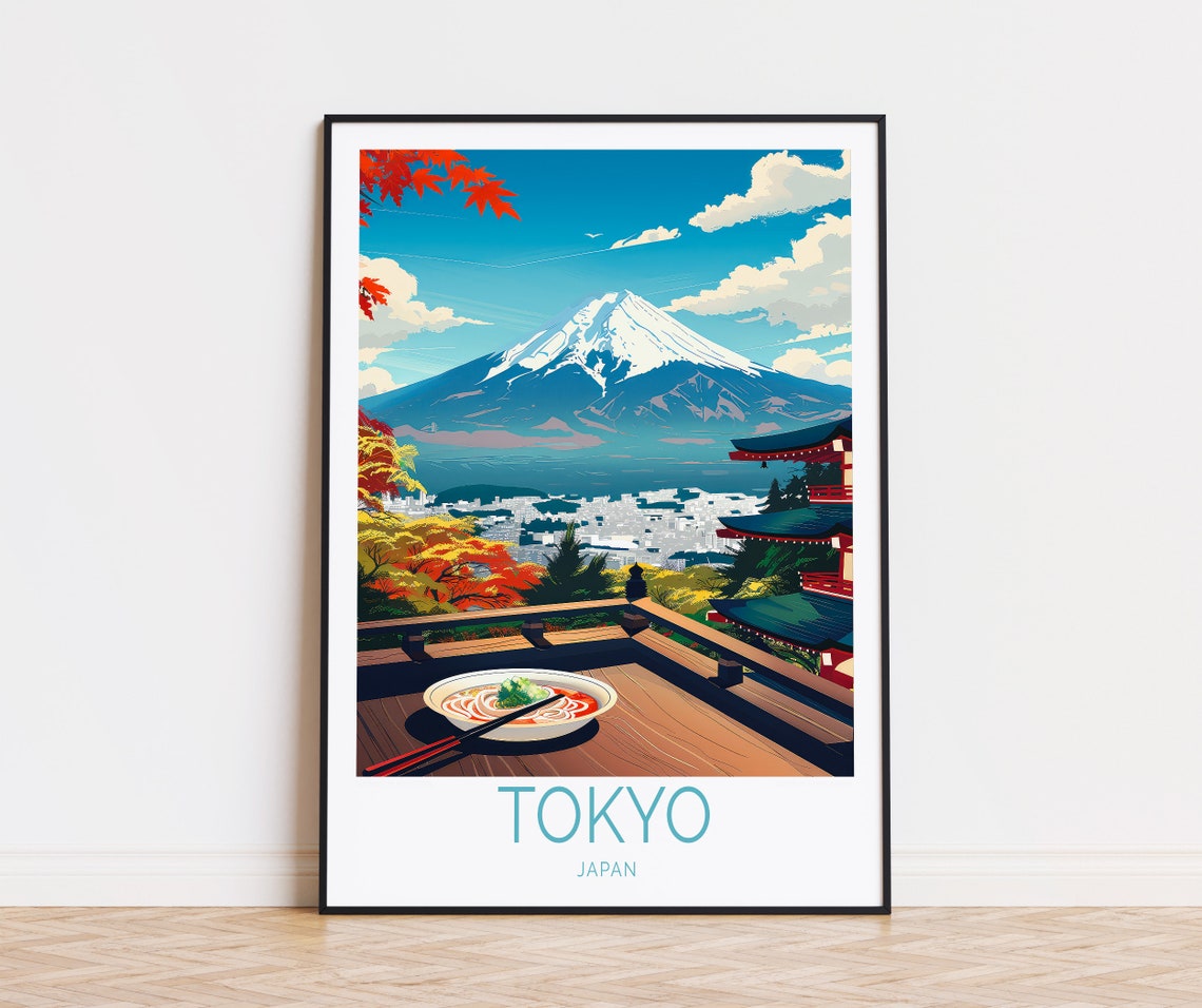 Tokyo Japan Mount Fuji Pagoda Ramen Autumn Vintage Travel Poster