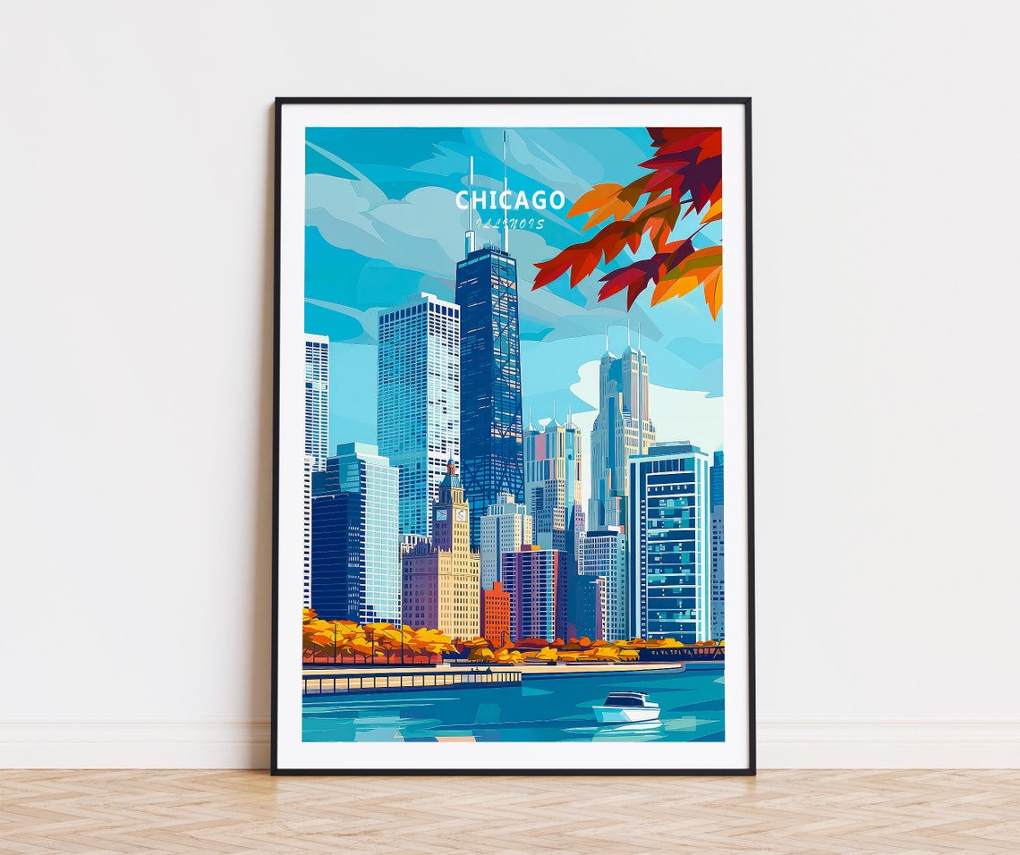 Chicago Travel Poster Illinois Chicago Print Chicago City Poster Usa Gifts Home Decor Birthday Present Personalised Gifts