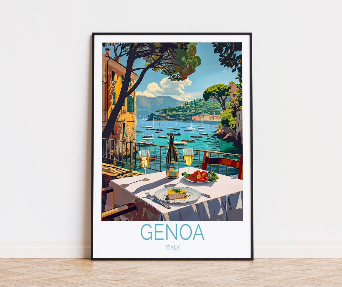 Genoa Italy Harbor Terrace Wine and Lunch Waterfront Scene Poster