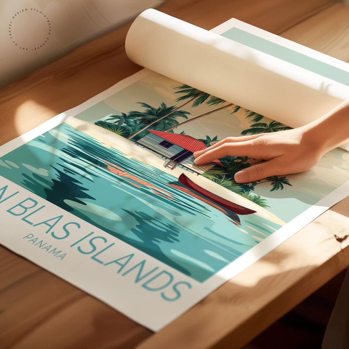 San Blas Islands Panama Beach Hut Red Boat Lagoon Travel Poster - Image 2