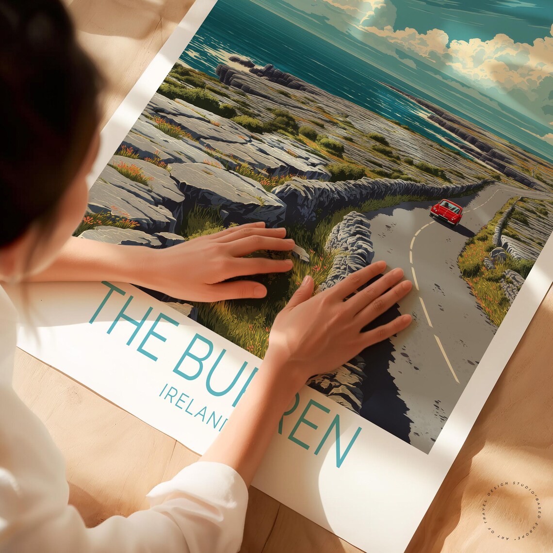 The Burren Ireland Coastal Road Trip With Red Car Travel Poster - Image 3