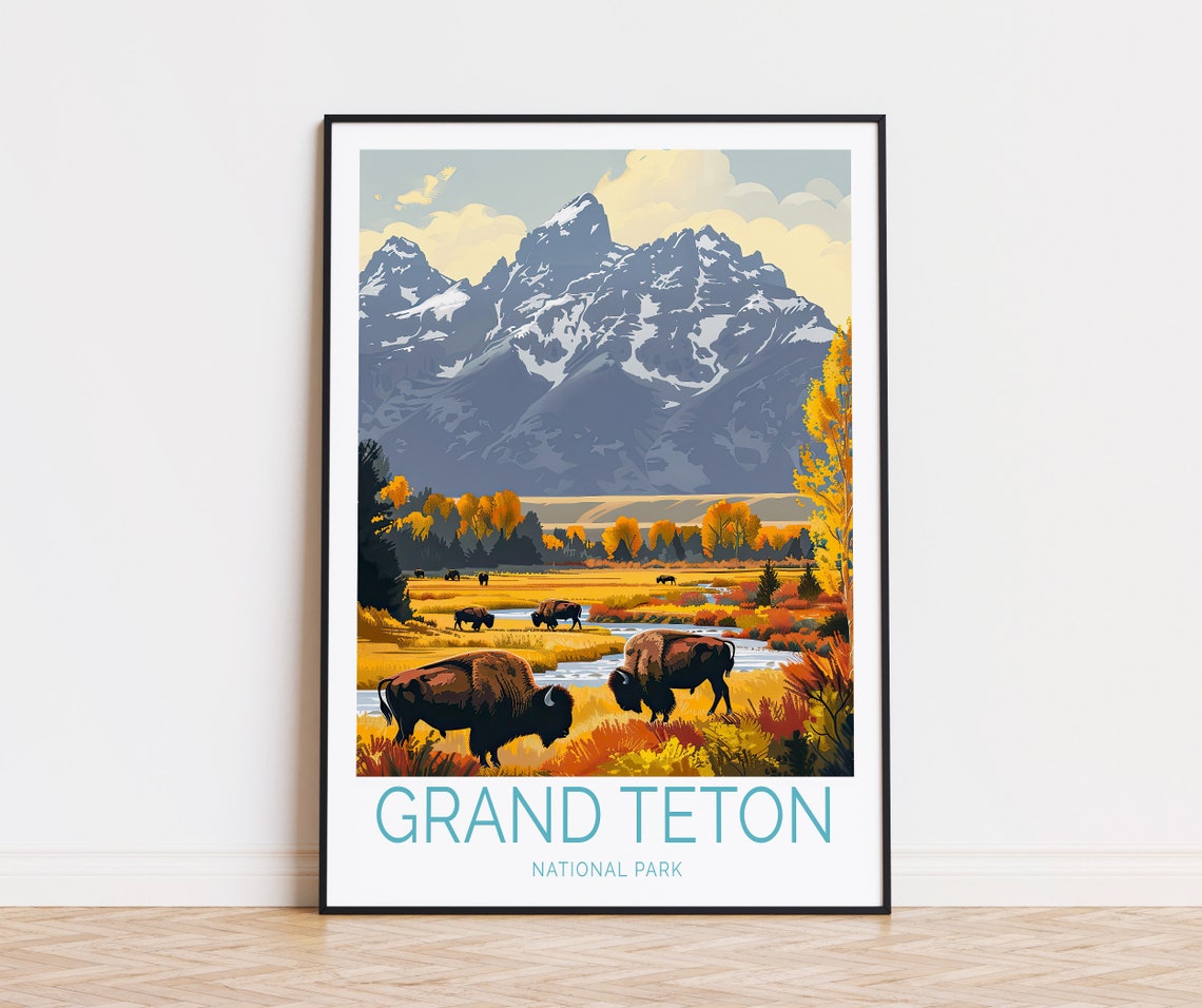 Grand Teton National Park Bison Autumn Valley Meadow Travel Poster