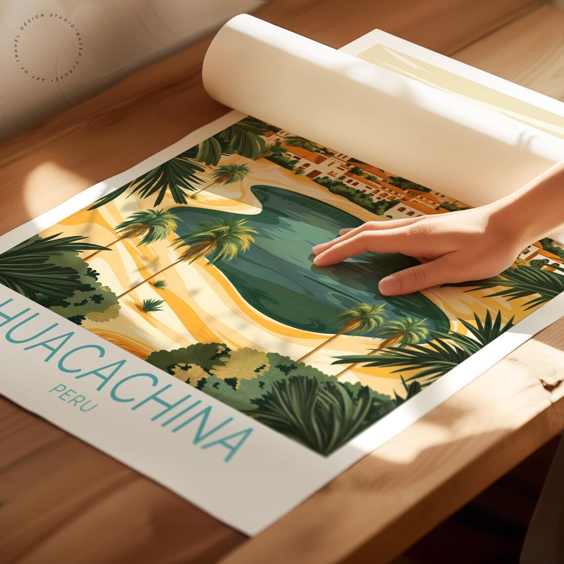 Huacachina Peru Golden Desert Oasis Lagoon Palms Travel Poster - Image 2
