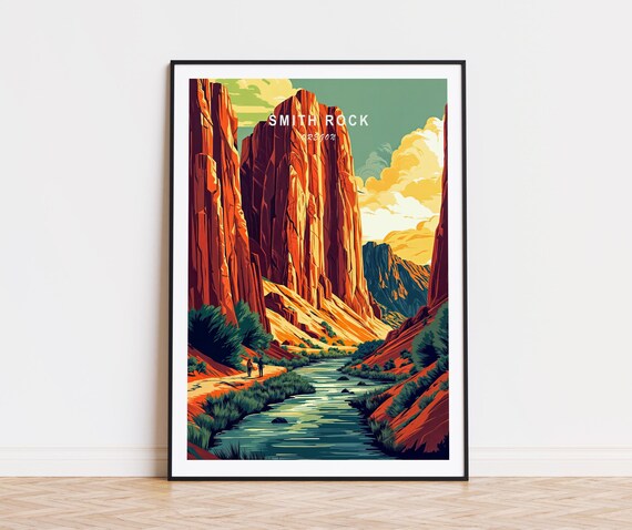 Smith Rock Oregon Sunset Red Canyon River Retro Travel Poster