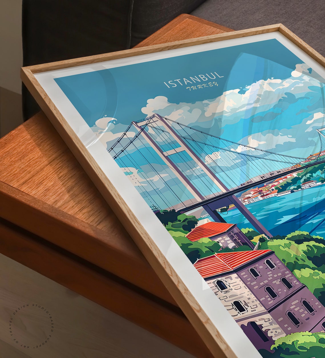 Istanbul Turkey Bosphorus Bridge With Ferry On Blue Water Poster - Image 3